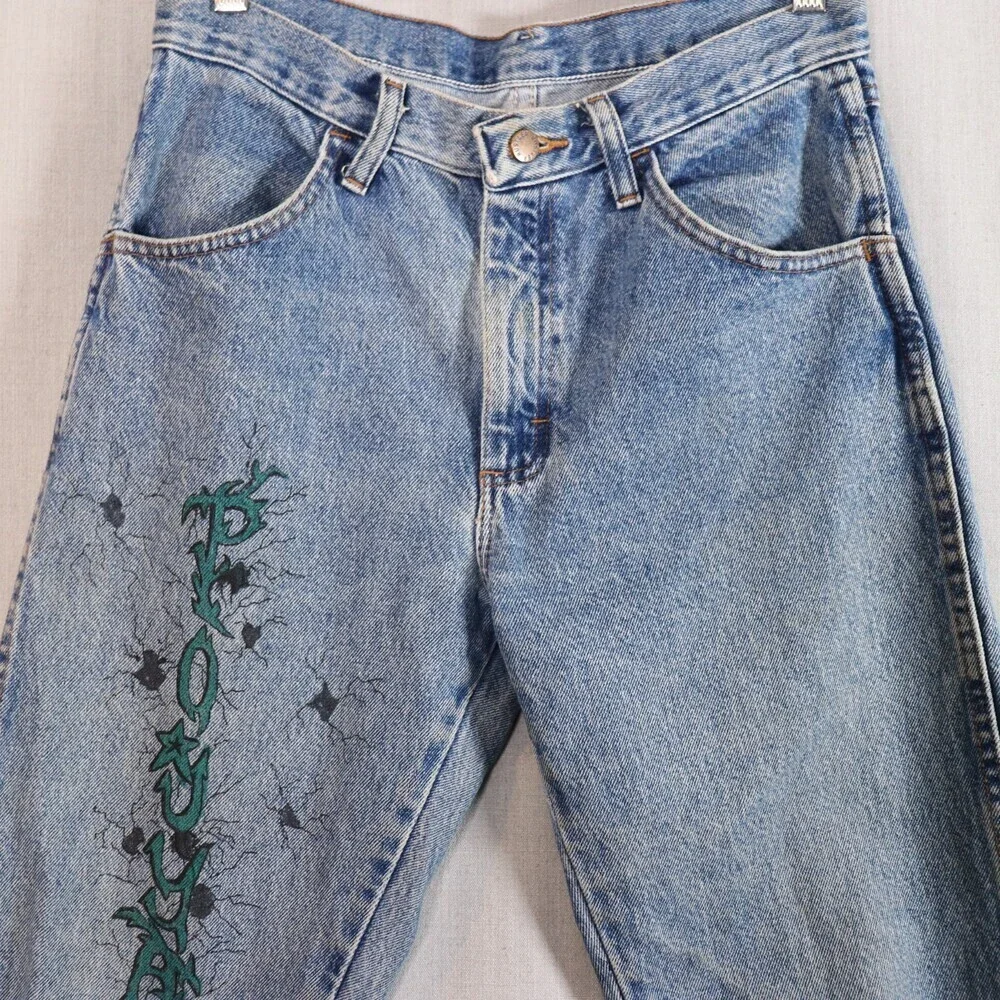 Vintage Rustler Jeans *30x30 Upcycled Tattoo Drawn Art Denim 90s Y2K Bone Skull